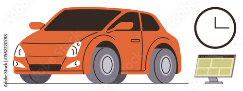 Bright red car with rounded edges beside wall clock and computer monitor. Ideal for transport, delivery, automotive tech, logistics, time optimization, fleet management, and project planning. Clean