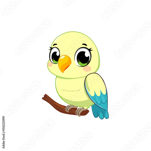 Cute cartoon yellow bird with blue tail feathers sitting on a branch isolated on white background
