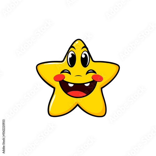Happy cartoon star character with a big smile and rosy cheeks isolated on white background