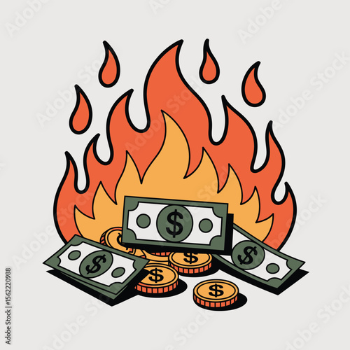 Illustration of dollar bills and coins burning in a stylized fire