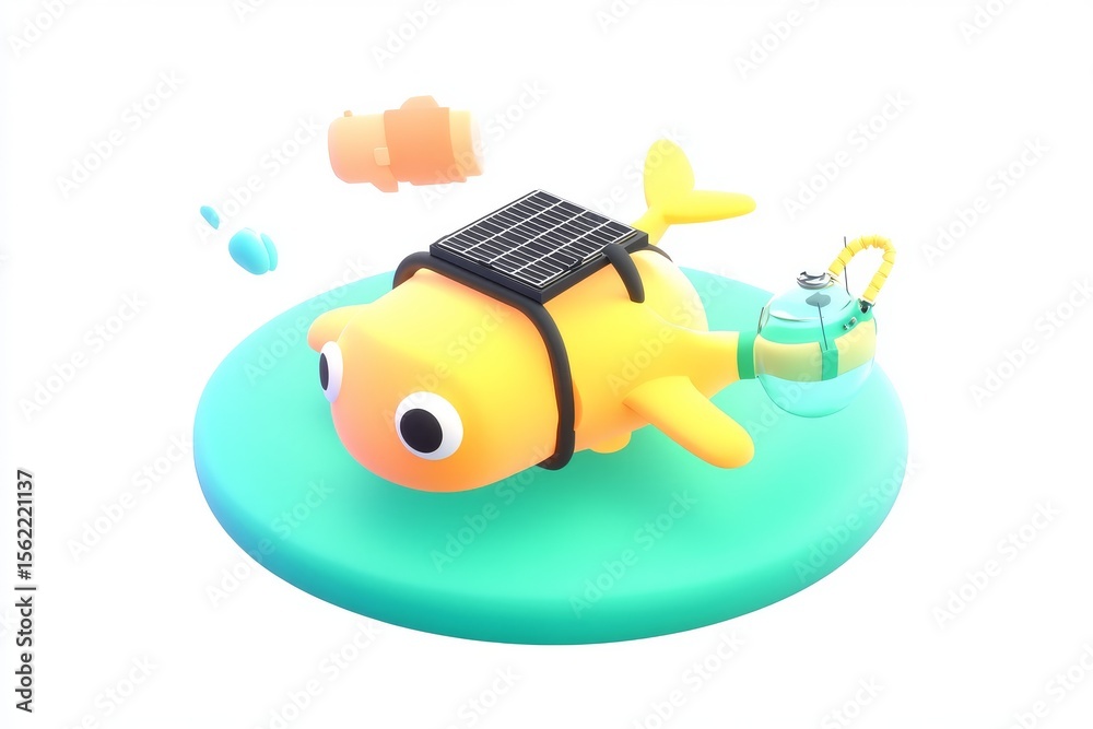 Fototapeta premium 3D cartoon ocean cleanup drone with solar yellow body and plastic trap, isometric view on white background in high definition