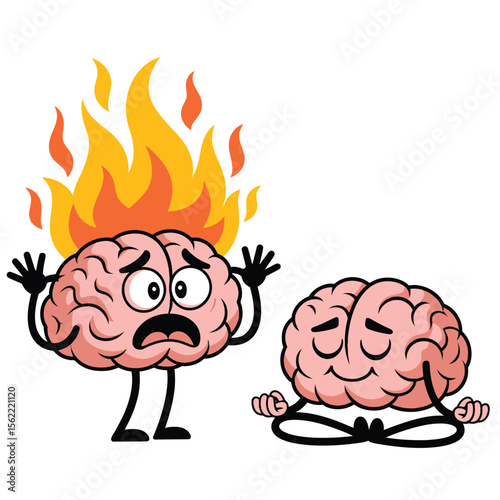 Cartoon brain on fire stressed out next to calm brain meditating peacefully