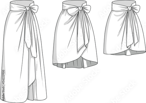 Women's Flat Sketch Template: Tie-Front Wrap Skirts in Various Lengths