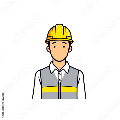 Cartoon construction worker wearing a yellow hard hat and safety vest isolated on white background