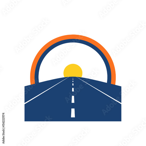 Stylized highway leading to a sunset under an archway isolated on white background