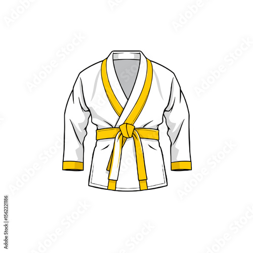 White karate gi with yellow trim and belt isolated on white background