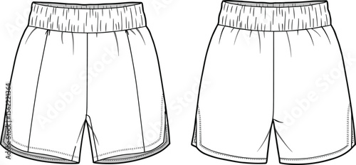 Women's athletic running shorts fashion flat sketch, vector illustration technical drawing with front and back views for apparel design and tech packs.