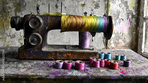 Vintage sewing machine with colorful threads on a rustic table by a window in an abandoned room