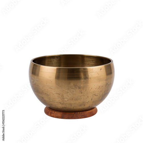 Elegant brass bowl with a wooden base on a clean white background
