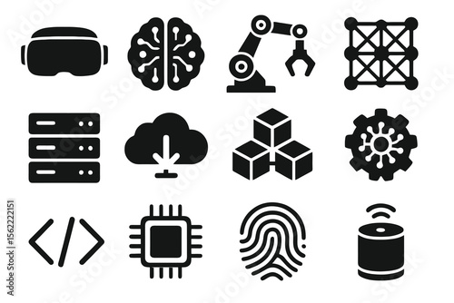 Black set of 12 advanced icons. Minimal vector for technology, coding, and automation.