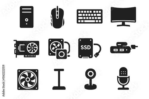 12 black hardware icons. Solid vector for PC builds, gaming, and accessories.