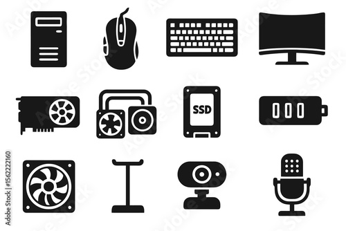 Black set of 12 tech gear icons. Minimal vector for components and customization.