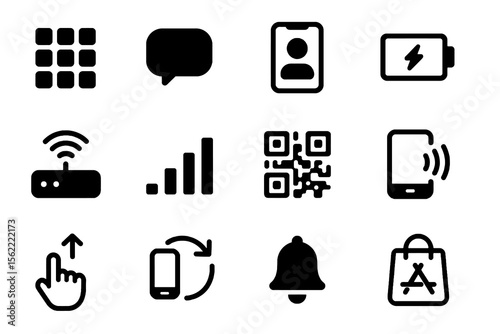 Black set of 12 communication icons. Minimal vector for messaging and interaction.
