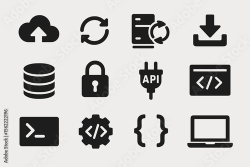 Black set of 12 dev icons. Minimal vector for programming and IT systems.