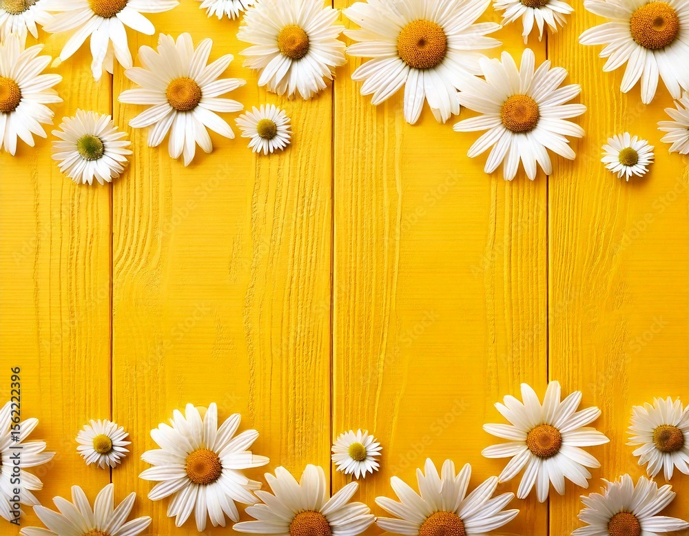 Obraz premium Spring composition. White and yellow daisy flowers on yellow wooden tabletop background