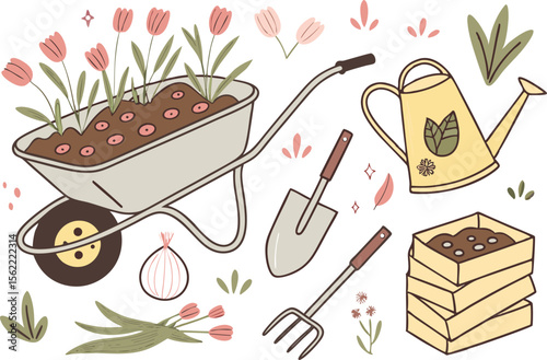 Cute Gardening Tools and Flowers Illustration for Springtime Projects and Designs