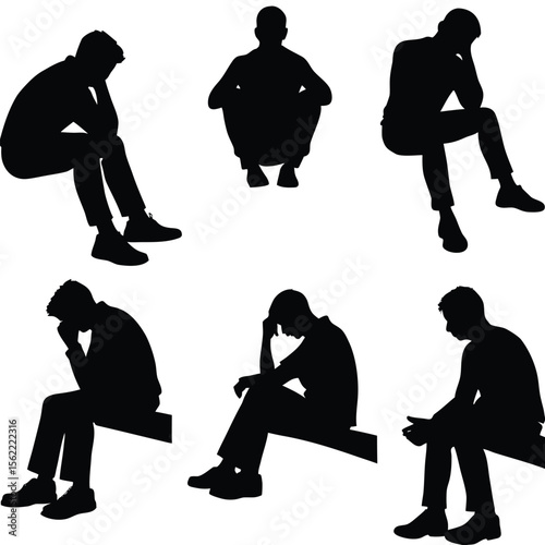  Sad Person Sitting Alone Vector Silhouette Bundle 6 Emotional Poses on White Background