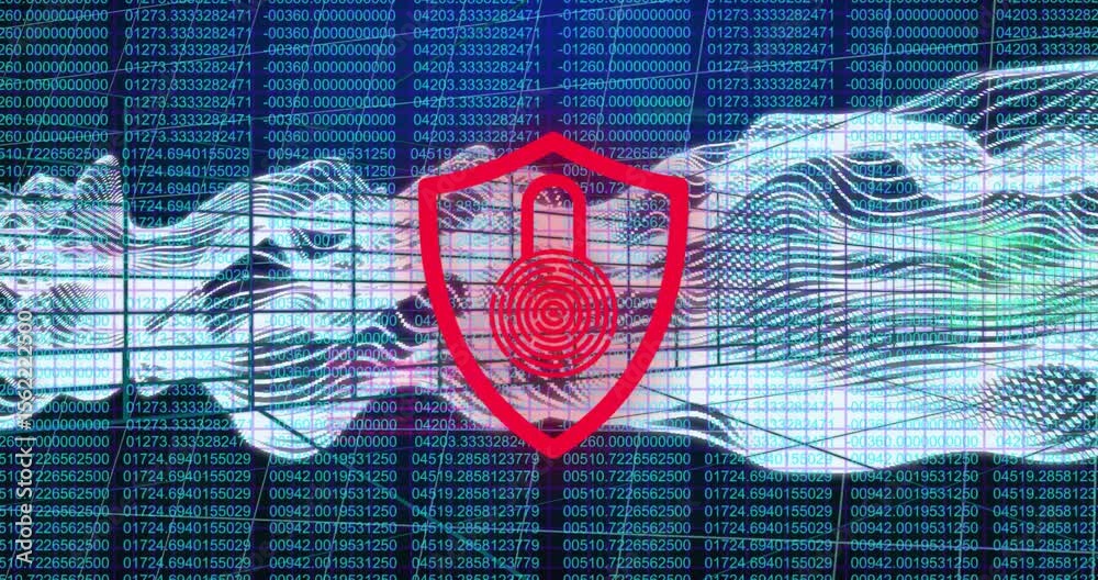 Animated grid sparking shield glowing green switching red while waves streaming showing security