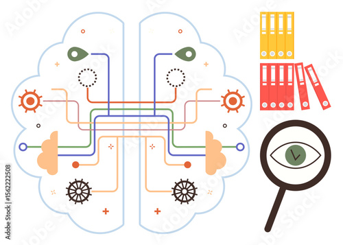 Brain with circuits, gears, and data flow lines, magnifying glass with eye, and file folders. Ideal for AI, machine learning, data science, research automation innovation and knowledge