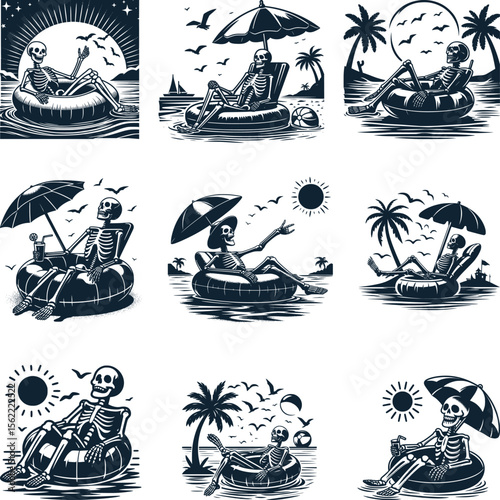 Skeleton In A Pool Floaty Bundle ,Beach Scene