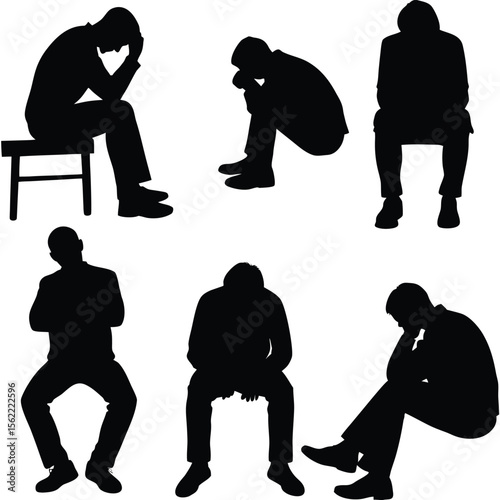 Sad Person Sitting Alone Vector Silhouette Bundle 6 Emotional Poses on White Background
