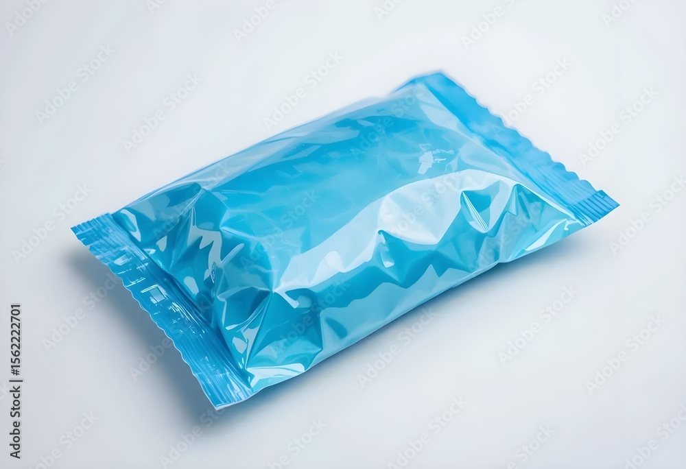 Obraz premium A shiny blue plastic sealed package, neatly folded and placed on a clean white surface, highlighting its smooth texture and vibrant color.