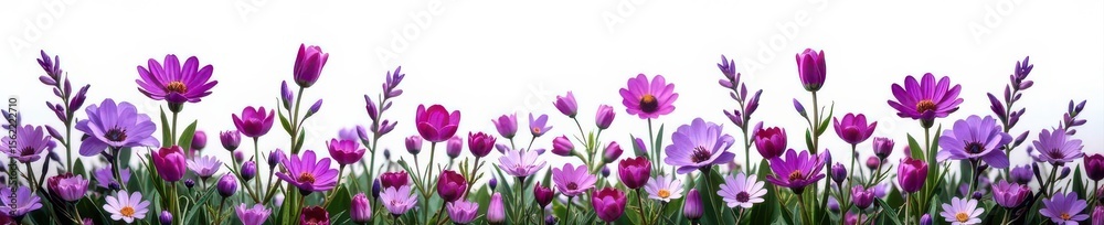 Obraz premium Vibrant purple wildflowers, lush bouquet, isolated on white , close-up, rustic, greeting card