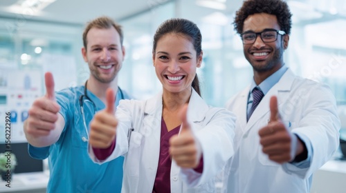 The healthcare team celebrating success with thumbs up in a modern clinic environment.