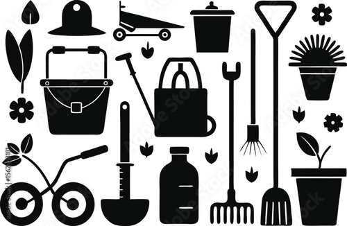 Black and white silhouette illustration of various gardening tools and plants