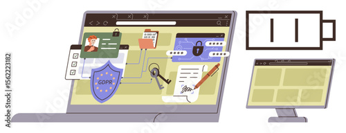Laptop browser with privacy tools, GDPR, lock, shield, user ID, signature, and monitor. Ideal for online safety, compliance cybersecurity encryption authentication legal consent digital trust