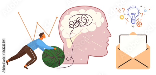 Person unwinding tangled thread in brain silhouette, light bulb, and mail envelop. Ideal for problem-solving, mental clarity, creativity, brainstorming, communication, productivity simple flat