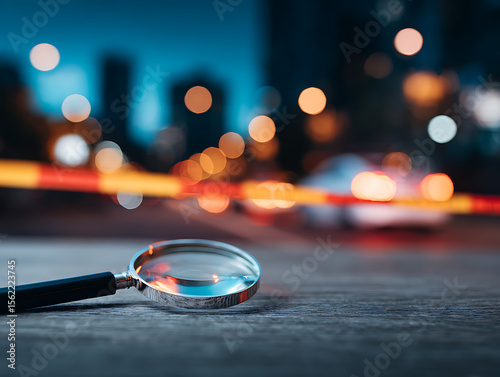Crime scene investigation with magnifying glass, forensic evidence analysis concept, detective mystery with police tape at night 72976072 1