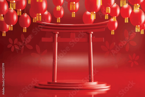 3D-rendered red Torii gate with hanging lanterns on circular platform, in dramatic monochromatic red composition 