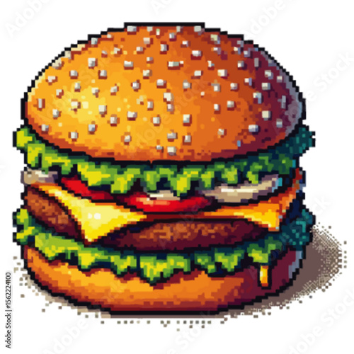A pixelated illustration of appetizing hamburger, on white background.