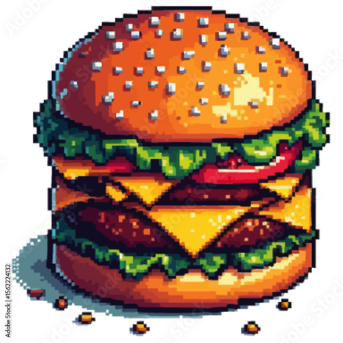 A pixelated illustration of long and thick double patty burger, on white background.