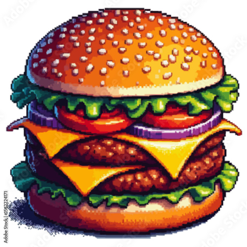 A pixelated illustration of double patty burger, and onion above cheese, on white background.