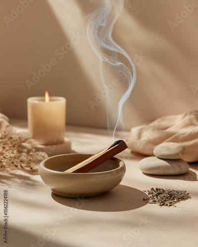 Burning Palo Santo stick with smoke in minimal zen setting