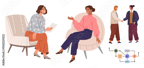 Two women discussing while seated in armchairs, two men shaking hands, and an AI workflow diagram. Ideal for teamwork, collaboration, communication, networking, negotiation technology learning. A