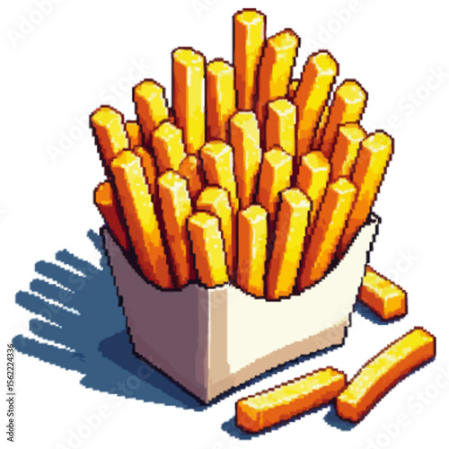A pixelated illustration of a full container of golden french fries, with shadows.