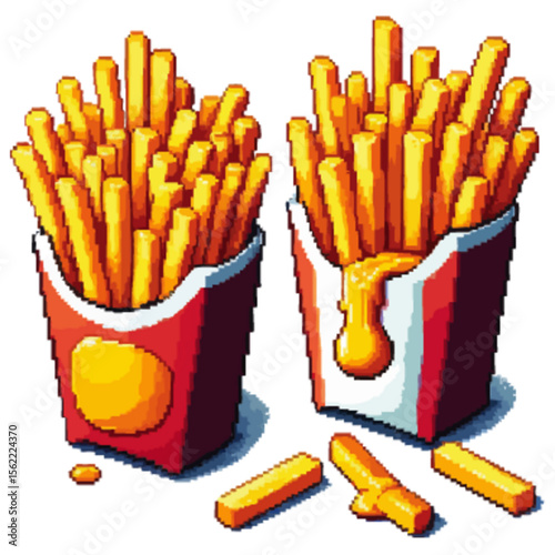 Two pixel art containers overflowing with french fries, one with dripping cheese sauce, on a white background.
