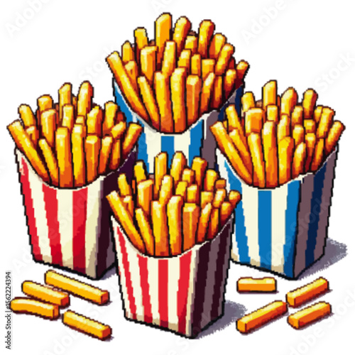 Four containers filled with golden french fries, some fries scattered around.