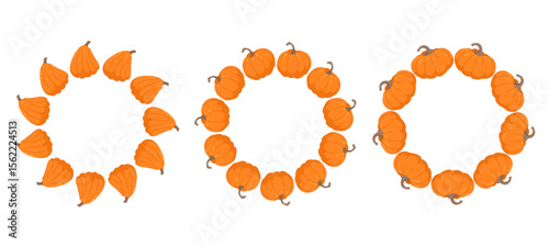Round pumpkin frame. Autumn frame or border. For packaging, food design. Space for text. Autumn decoration in flat style.