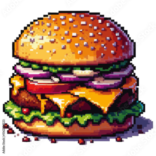 Pixelated cheeseburger with sesame bun, melted cheese, lettuce, onions, and pickles stacked high on a clean white background.