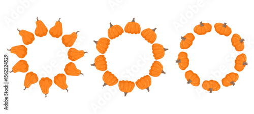 Round pumpkin frame. Autumn frame or border. For packaging, food design. Space for text. Autumn decoration in flat style. 