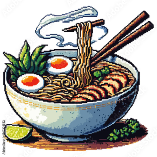 Pixel art of steaming ramen bowl with egg, noodles, and green herbs, with chopsticks lifting noodles in mid-air.