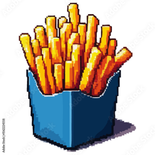 Pixelated French fries in a blue takeout box with bright, crispy texture, placed on a white background.