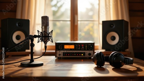 Professional podcasting setup with a condenser microphone studio monitors audio interface and headphones bathed in warm natural light
