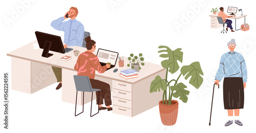 Colleagues collaborating at office desks with computers, nearby elderly woman standing with cane and small remote working setup. Ideal for teamwork, caregiving, remote work, balance, support