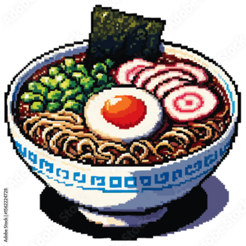 Pixelated illustration of a bowl filled with ramen, featuring various toppings.