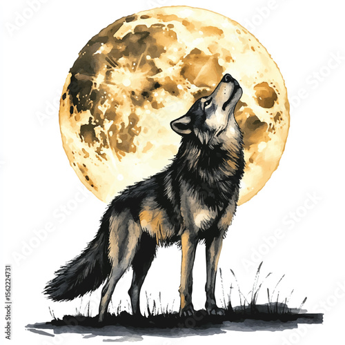 Watercolor Wolf Howling at the Full Moon Evoking Mystical Night